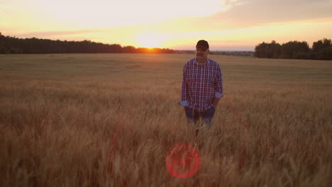 Front-view-:-An-elderly-male-farmer-walks-through-a-wheat-field-at-sunset.-The-camera-follows-the-farmer-walking-on-the-rye-field-in-slow-motion